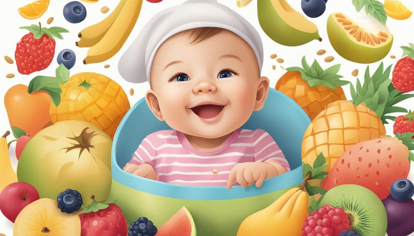 A cheerful baby surrounded by colorful fruits and grains, with a prominent "organic" label and symbols indicating allergen information