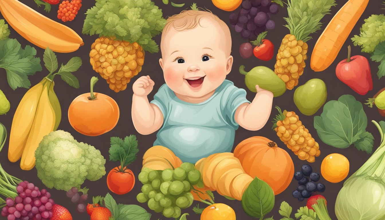 A happy baby surrounded by organic fruits, vegetables, and grains, with a vibrant and earthy color palette