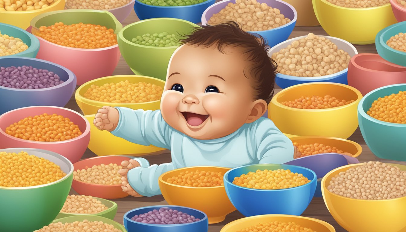 A smiling baby surrounded by colorful bowls of organic baby cereal