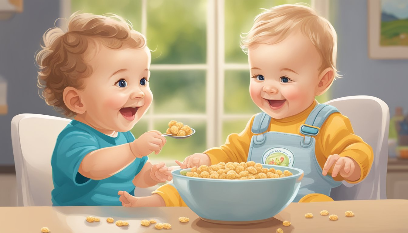 A smiling baby sits in a high chair, eagerly reaching for a spoonful of Happy Bellies organic baby cereal while a parent looks on with delight