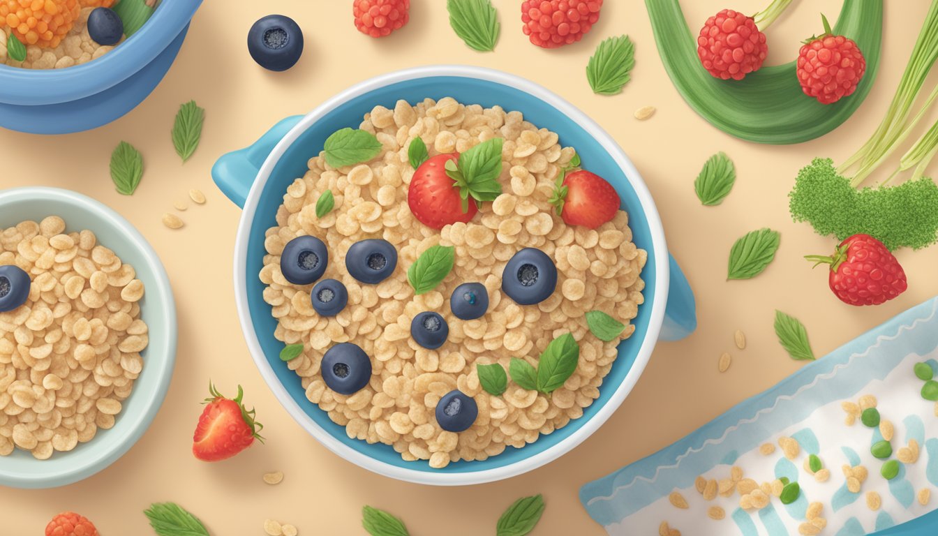 A bowl of Happy Baby Organics Clearly Crafted cereal with oats and quinoa, surrounded by fresh ingredients and a nutrition label