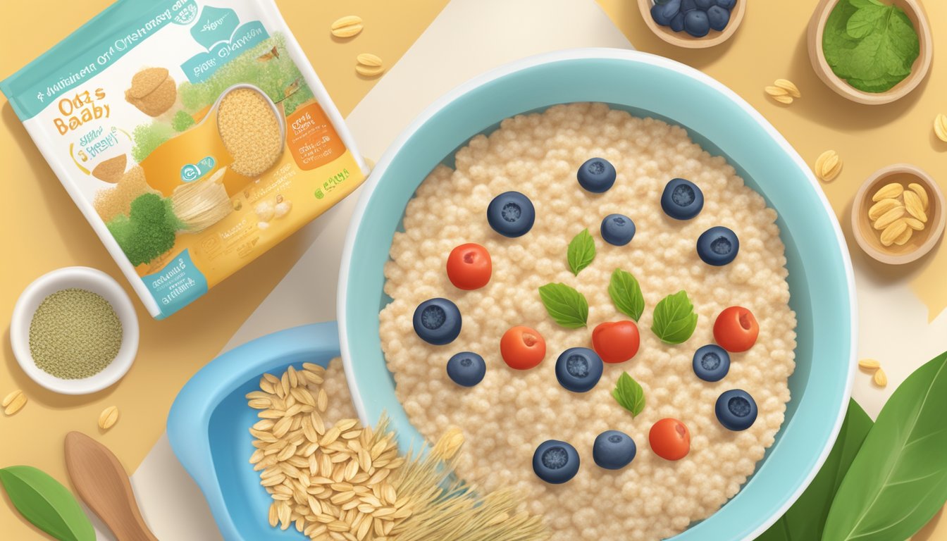 A bowl of oats and quinoa cereal surrounded by happy baby organic products and nutritional information