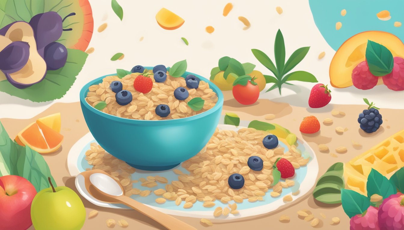 A colorful bowl filled with oats, quinoa, and various fruits, with a spoon and a happy baby organics clearly crafted cereal box nearby