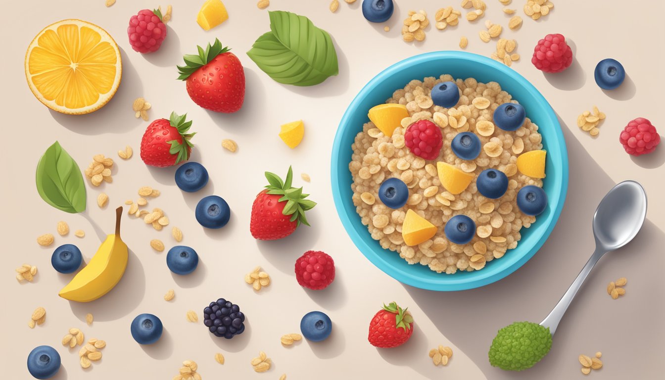 A bowl of happy baby organics clearly crafted cereal with oats and quinoa, surrounded by fresh fruits and a spoon