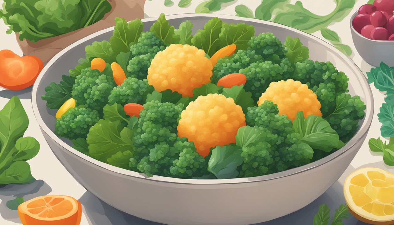 A bowl of happy baby organics superfood puffs with kale and spinach surrounded by fresh leafy greens and colorful vegetables