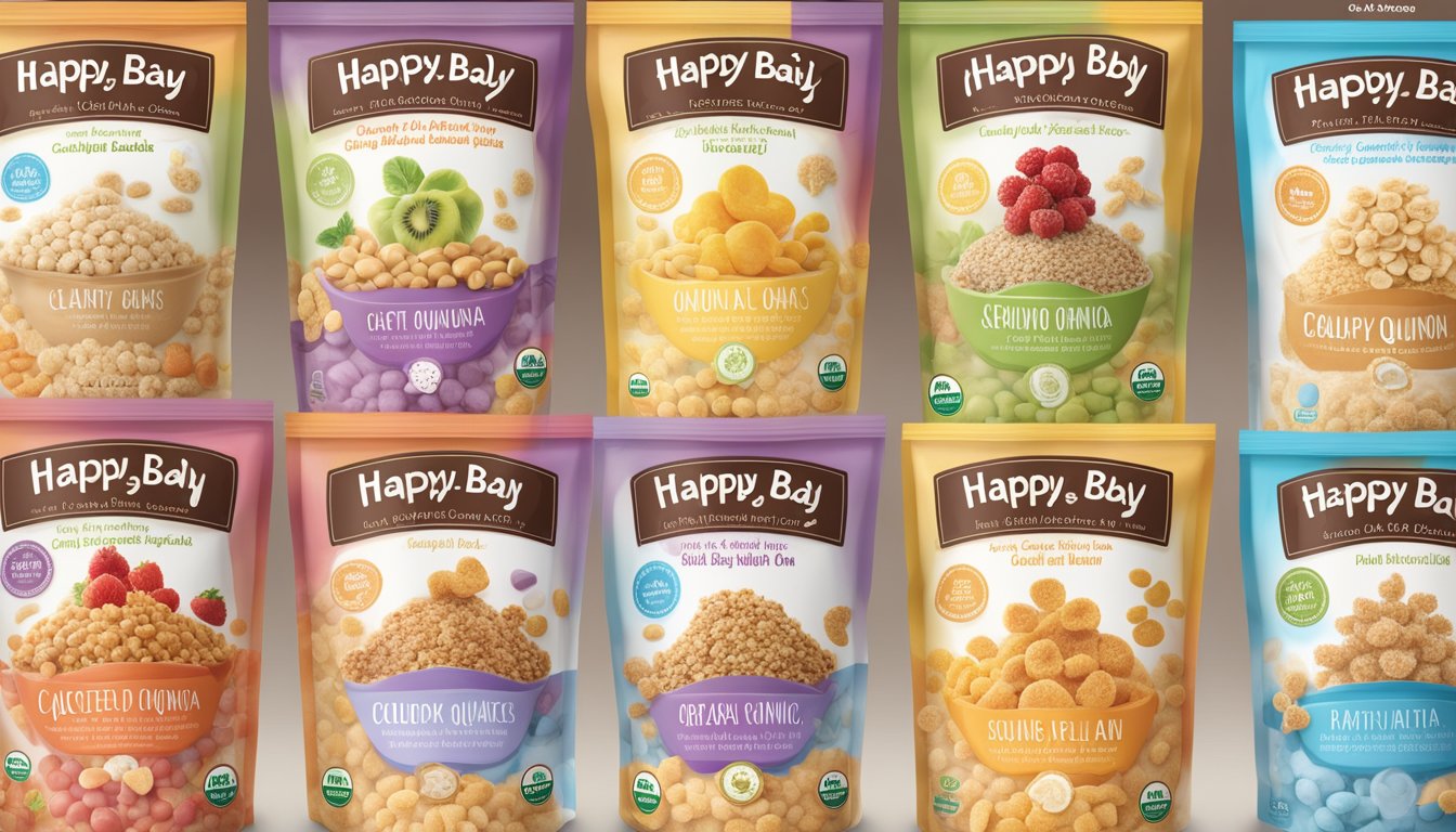 A colorful display of happy baby organics clearly crafted cereal varieties and flavors with oats and quinoa, showcasing the nutritional breakdown