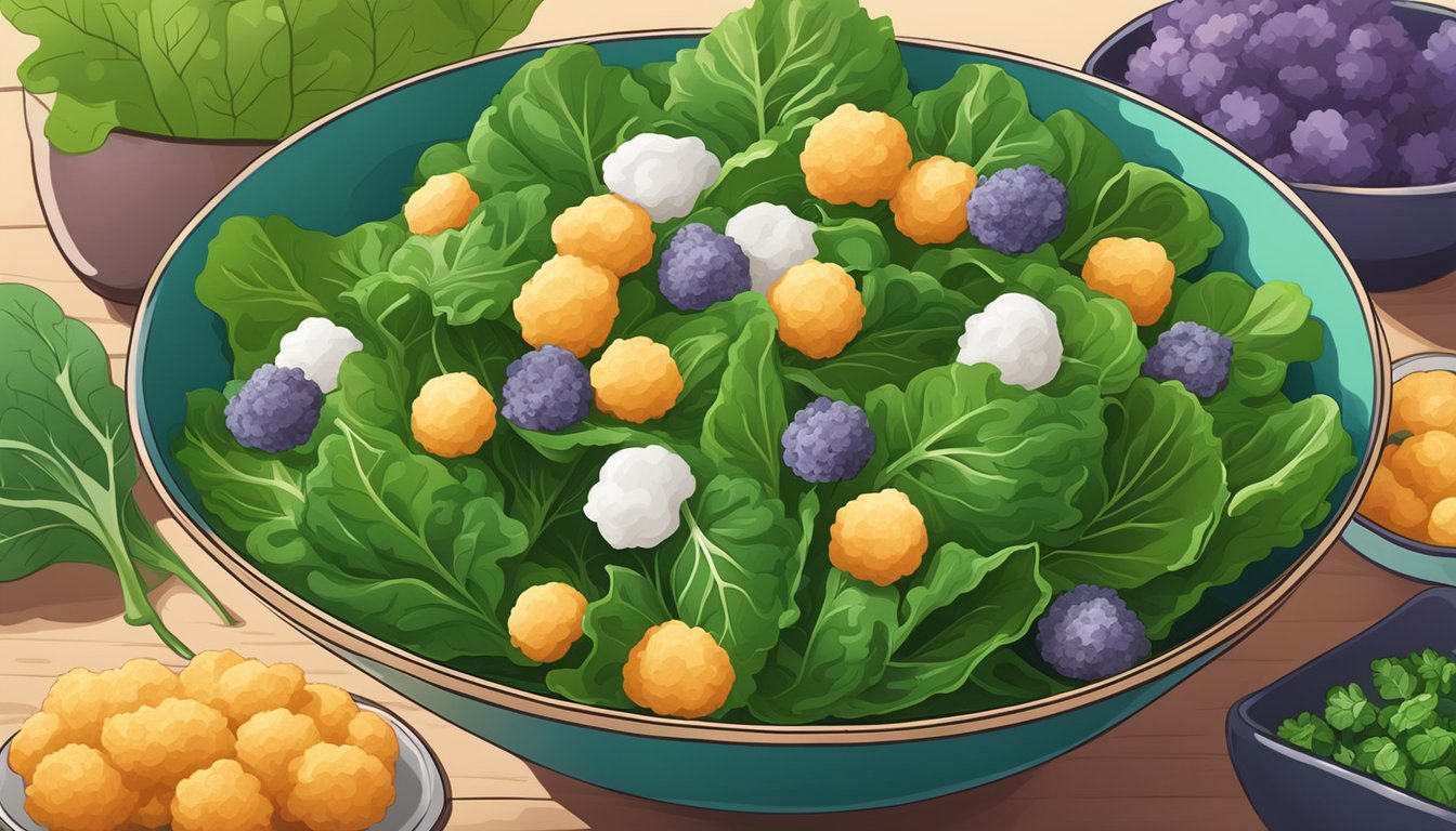 A colorful bowl of superfood puffs surrounded by fresh kale and spinach leaves