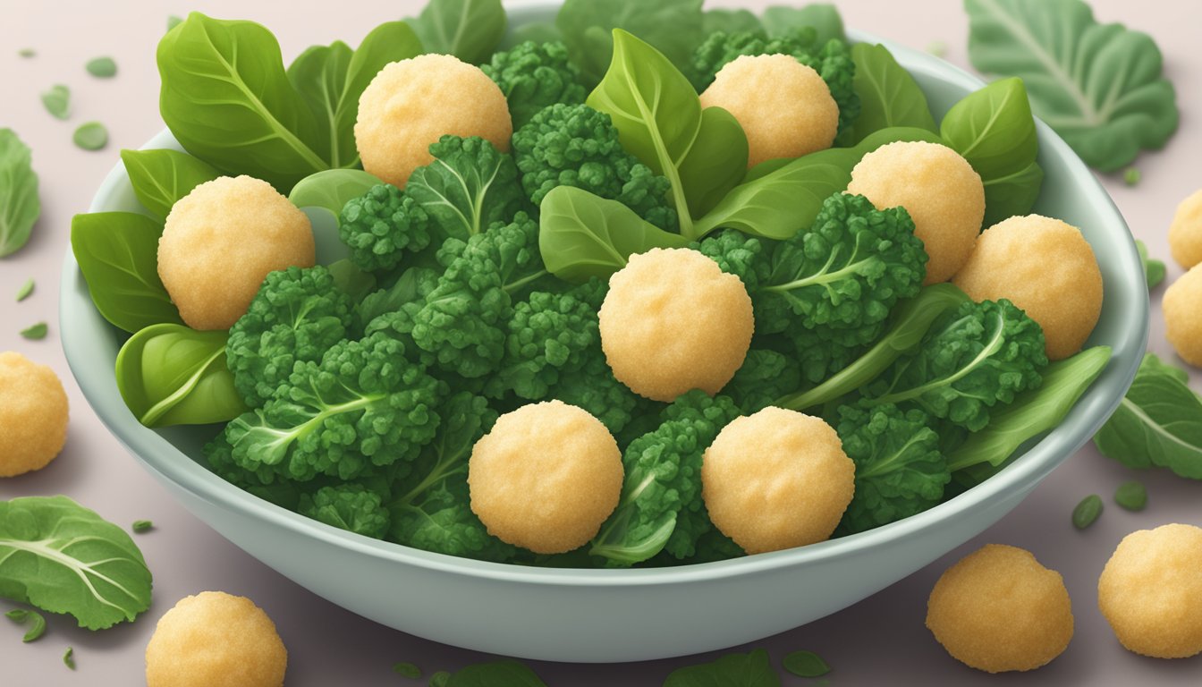 A bowl of happy baby organics superfood puffs surrounded by fresh kale and spinach