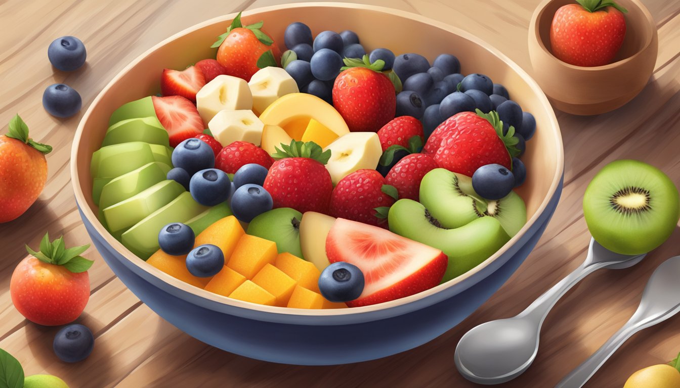 A colorful bowl of Happy Tot Organics Super Morning Bowl surrounded by fresh fruits and a spoon on a wooden table