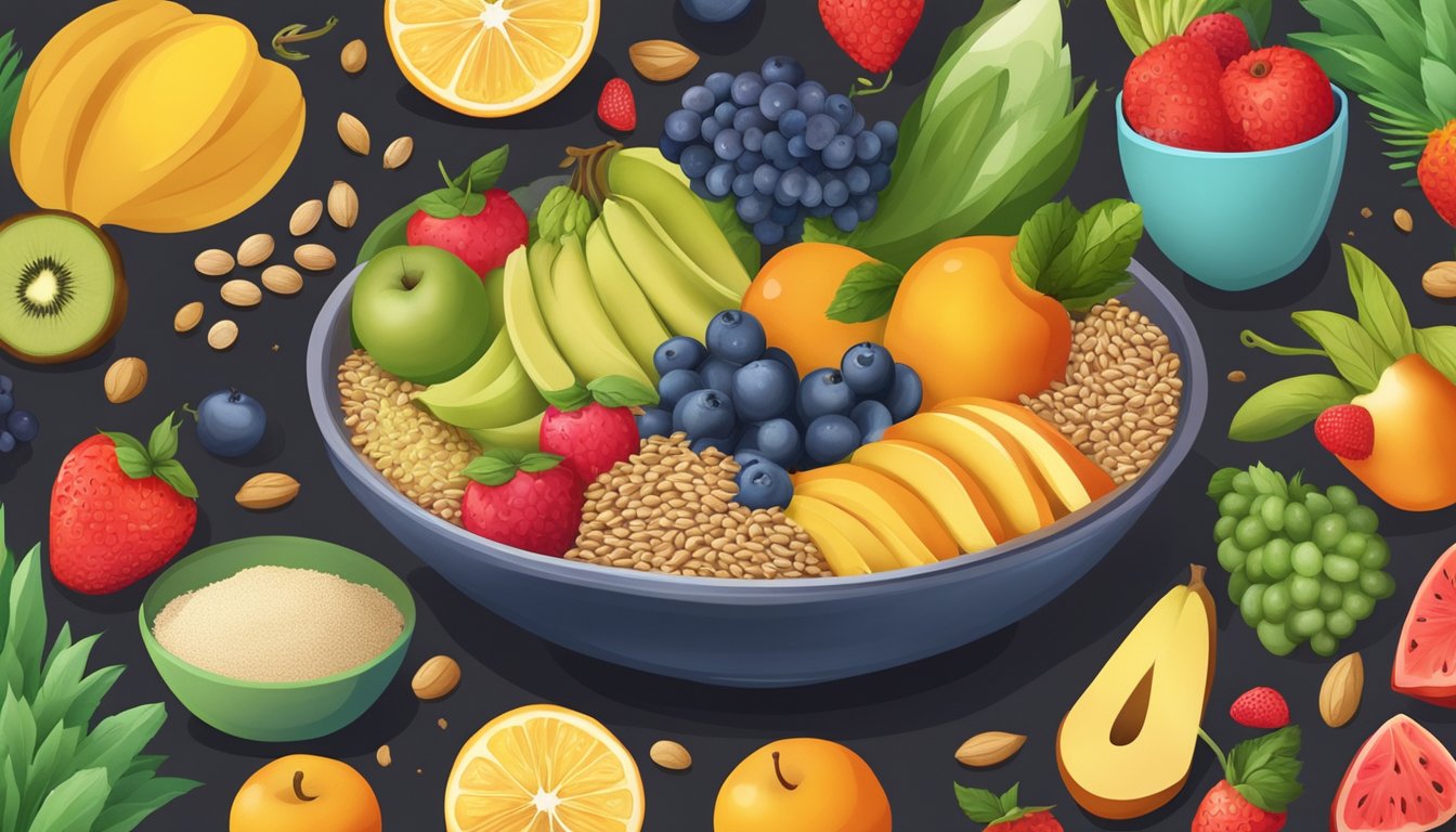 A colorful bowl filled with a variety of organic fruits and grains, surrounded by fresh produce and ingredients