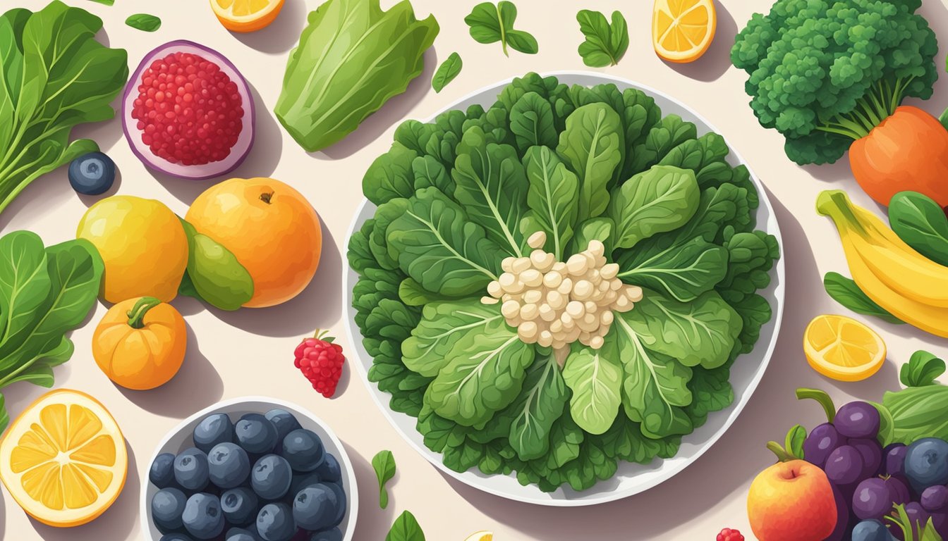 A colorful array of fresh kale and spinach leaves, surrounded by vibrant fruits and vegetables, with a focus on the nutritional content of Happy Baby Organics Superfood Puffs