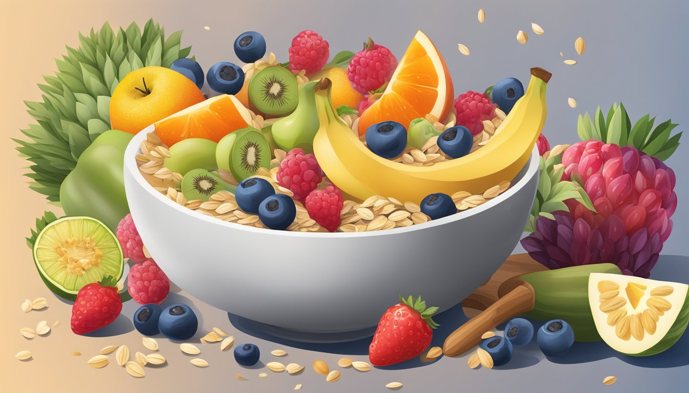 A bowl filled with colorful fruits, oats, and seeds, surrounded by fresh produce and a spoon