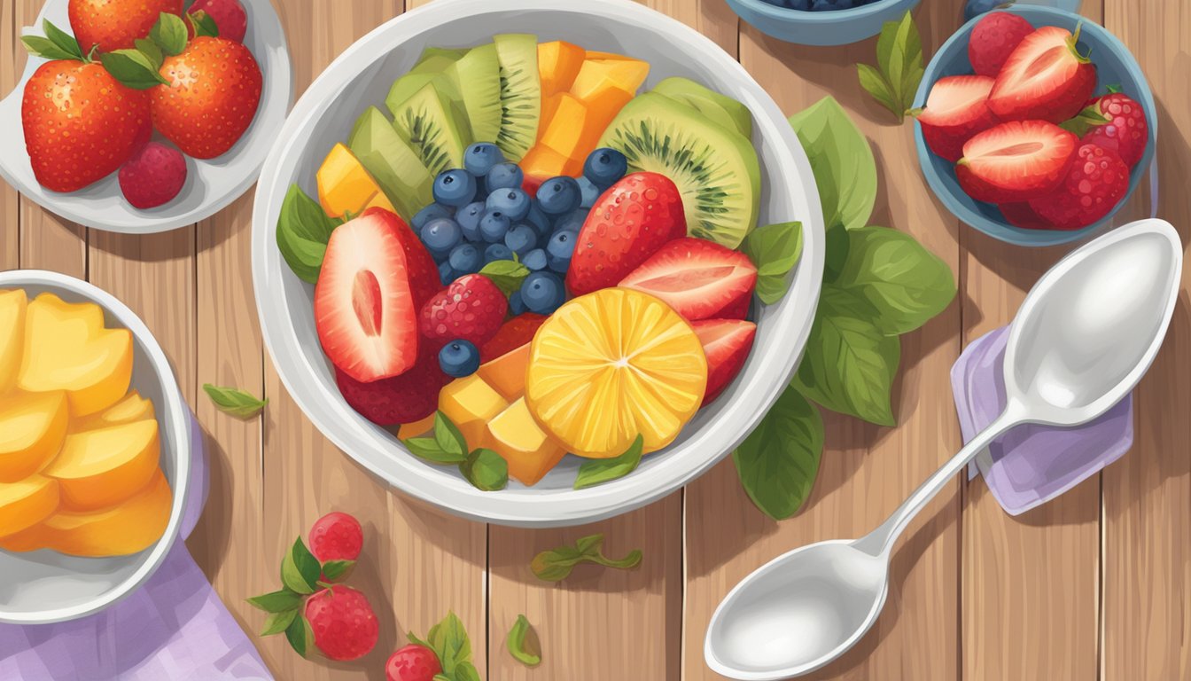 A bowl of Happy Tot Organics Super Morning Bowl surrounded by fresh fruits and a spoon on a wooden breakfast table