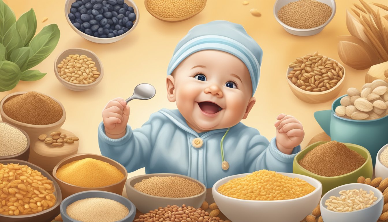 A cheerful baby surrounded by a variety of whole grains and iron-rich foods, with a clear focus on the nutritional analysis of the happy baby organics clearly crafted cereal