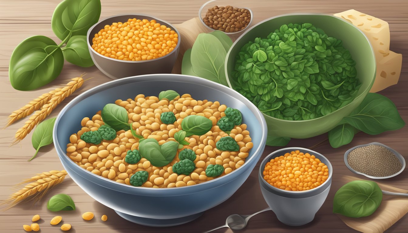 A colorful bowl of whole grain cereal surrounded by iron-rich ingredients like spinach and lentils