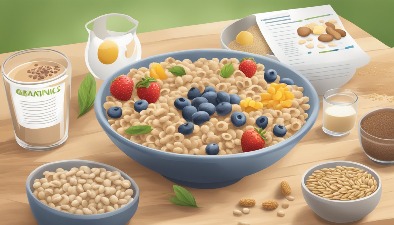 A bowl of happy baby organics clearly crafted cereal surrounded by whole grains and iron-rich foods, with a nutritional analysis chart in the background