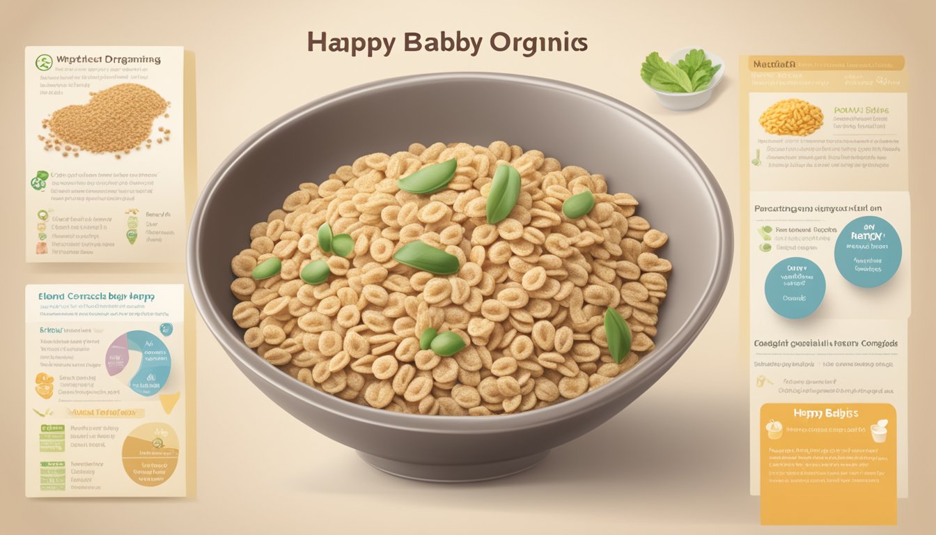 A bowl of happy baby organics clearly crafted cereal surrounded by whole grains and iron-rich foods, with a nutritional analysis chart in the background