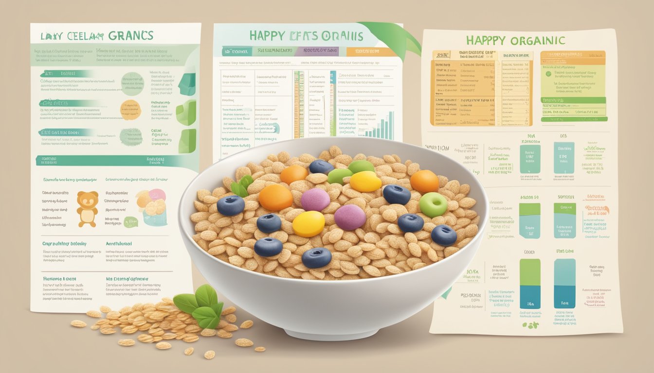 A bowl of happy baby organics clearly crafted cereal with whole grains and iron, surrounded by nutritional analysis charts and safety information