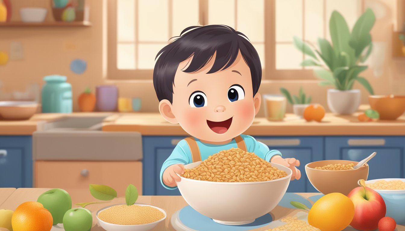 A joyful baby reaching for a bowl of whole grain cereal, with a backdrop of colorful fruits and a nutritional analysis chart