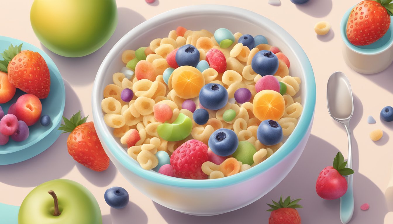 A bowl of happy baby organic probiotic cereal with choline surrounded by colorful fruits and a glass of milk