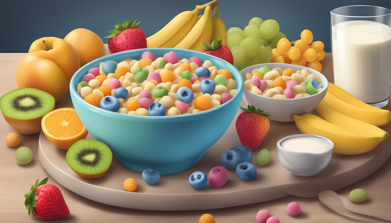 A bowl of happy baby organic probiotic cereal with choline surrounded by colorful fruits and a glass of milk