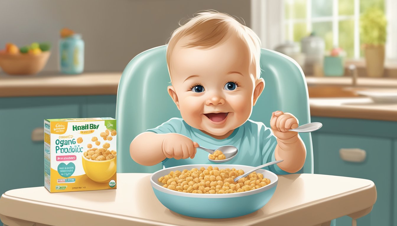 A smiling baby sits in a high chair with a bowl of Happy Baby Organic Probiotic Cereal with Choline in front of them. A spoon filled with the cereal is held out towards the baby