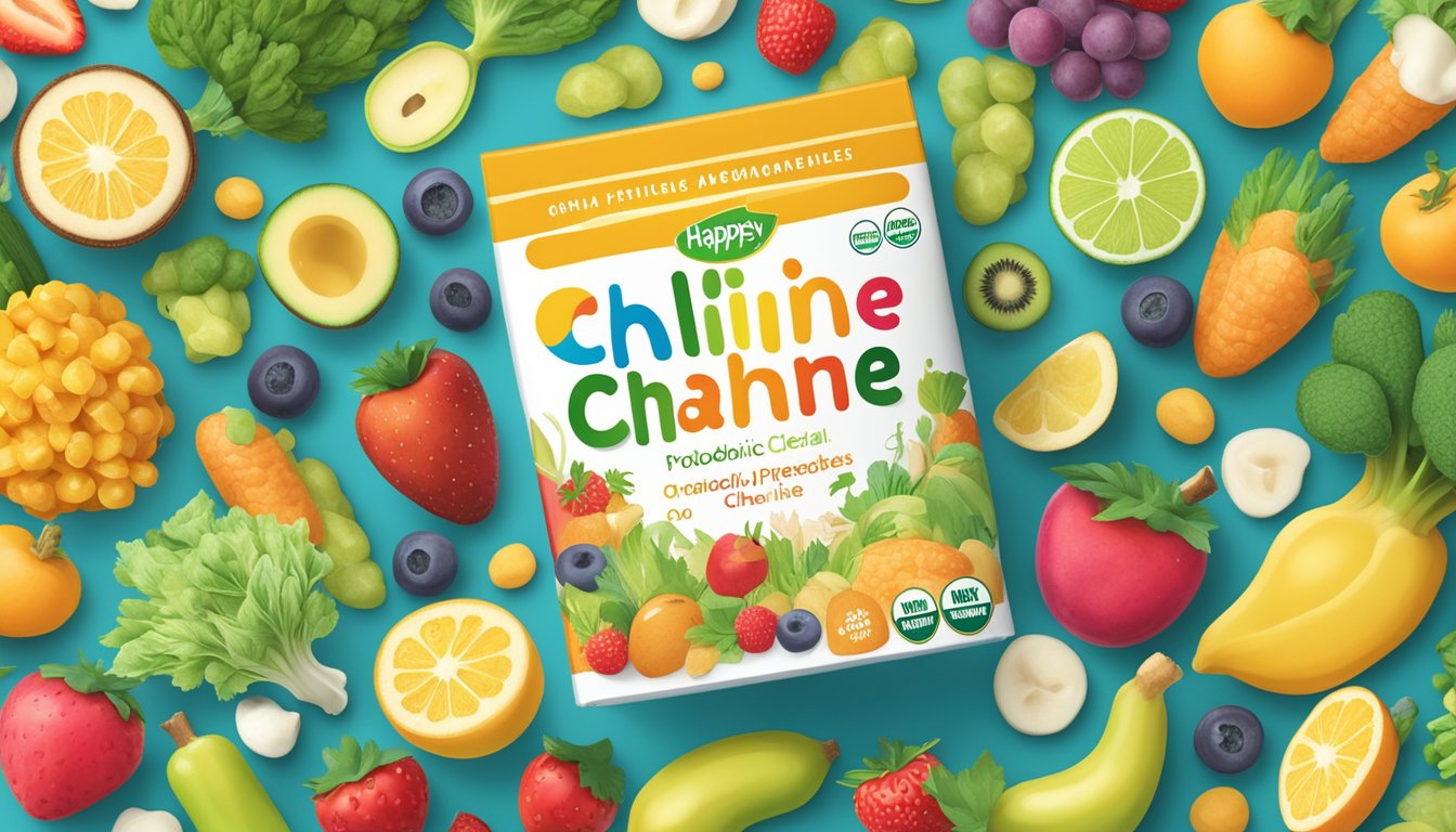 A happy baby organic probiotic cereal box surrounded by colorful fruits and vegetables, with a prominent display of the word "Choline."