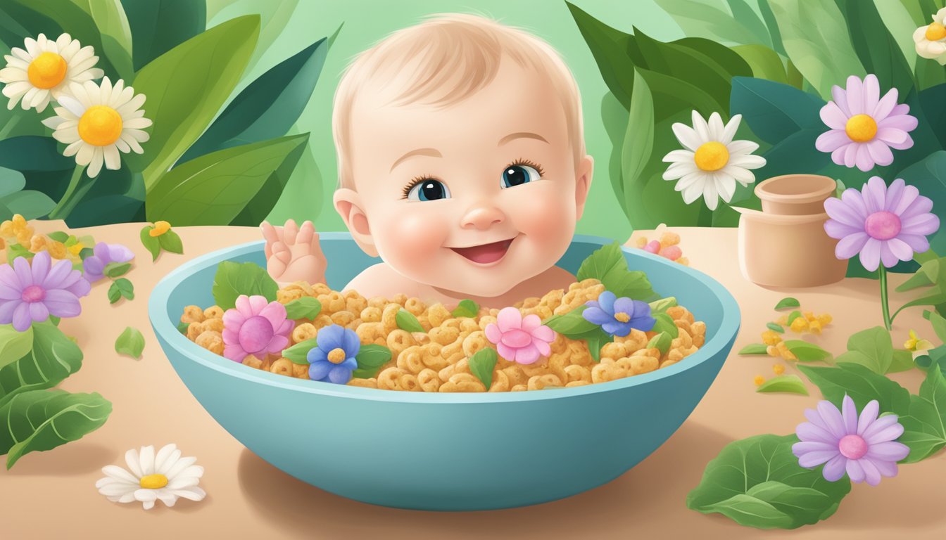 A smiling baby surrounded by lush greenery and blooming flowers, with a bowl of Happy Baby organic probiotic cereal with choline in the foreground