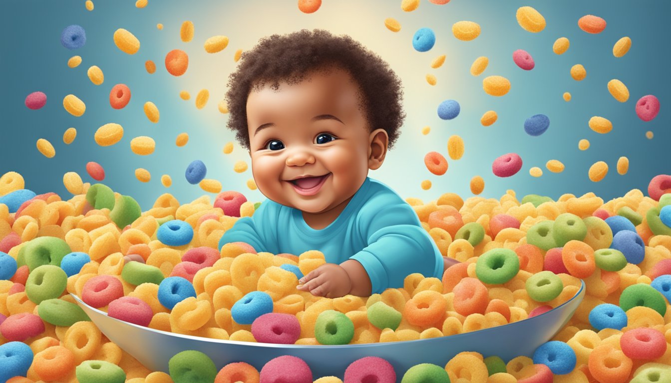 A smiling baby surrounded by colorful organic cereal and the brand's logo