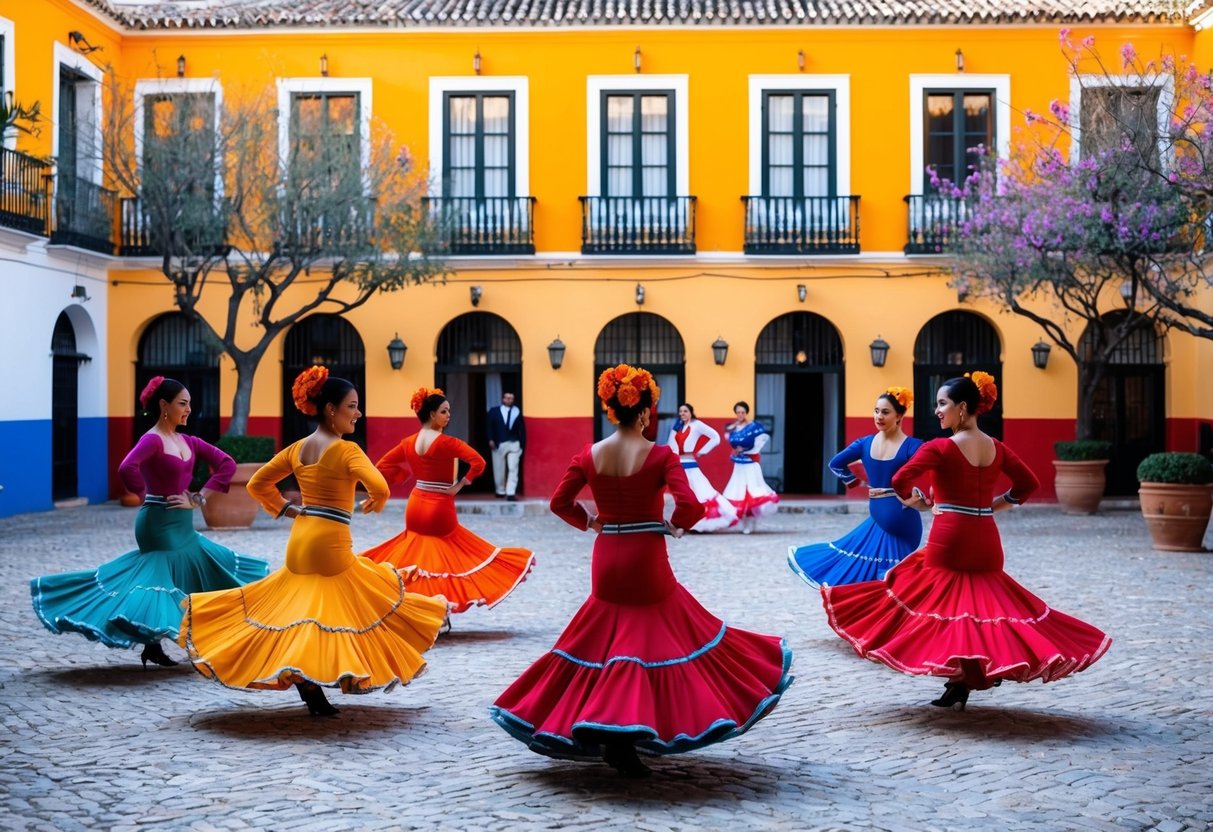 Danzatori di flamenco vivaci che si esibiscono in un cortile tradizionale circondato da edifici colorati e alberi di arancio in fiore vicino a Siviglia