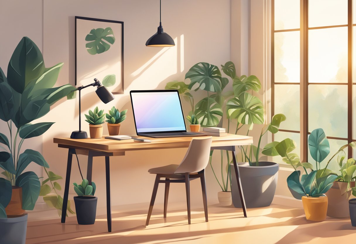 Um escritório em casa aconchegante com um laptop, mesa, cadeira e plantas. A luz do sol entra pela janela, criando uma atmosfera quente e convidativa para o trabalho remoto.