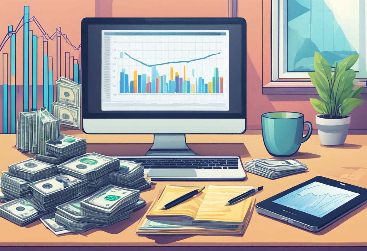 Uma mesa com um laptop, gráficos financeiros e uma pilha de dinheiro cercada por gráficos de investimento em crescimento e um cofre