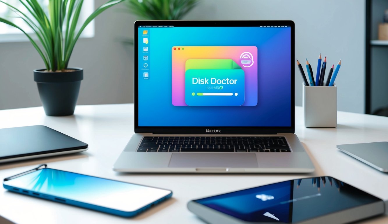 A MacBook screen displaying the Disk Doctor for macOS interface with colorful icons and a progress bar, surrounded by a clean and modern office desk setup