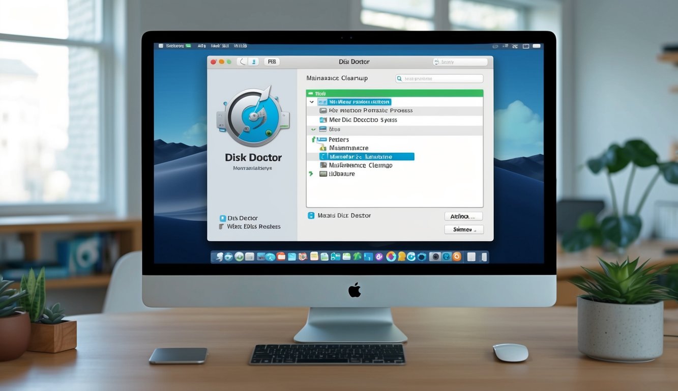 A computer screen displaying a macOS interface with a disk doctor tool running a maintenance and cleanup process