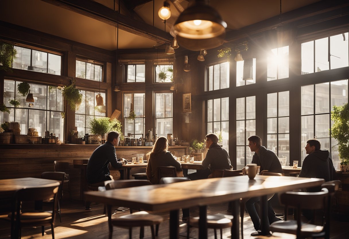 A cozy coffee shop with a rustic interior, filled with people chatting and enjoying their drinks. Sunlight streams in through the large windows, casting warm shadows on the wooden tables and chairs