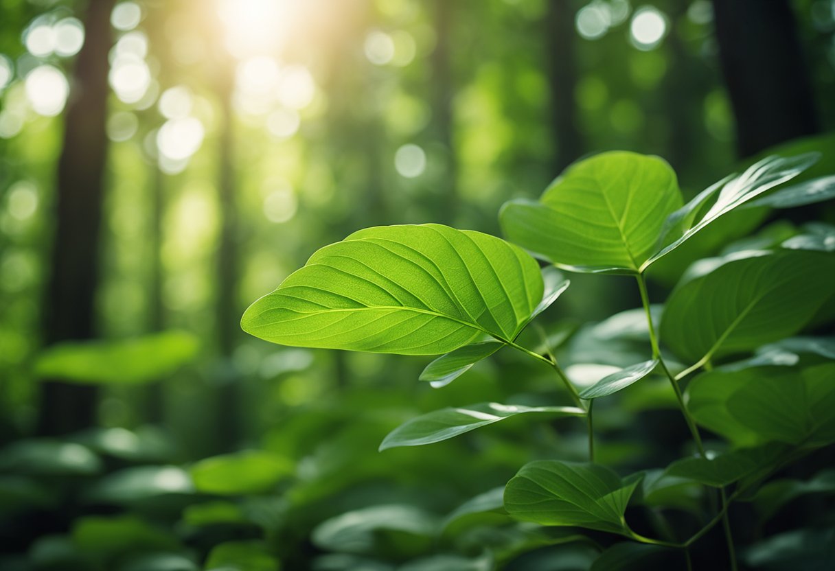 A vibrant green plant with elongated leaves and small, round berries grows in a lush forest setting. Sunlight filters through the canopy, casting dappled shadows on the forest floor