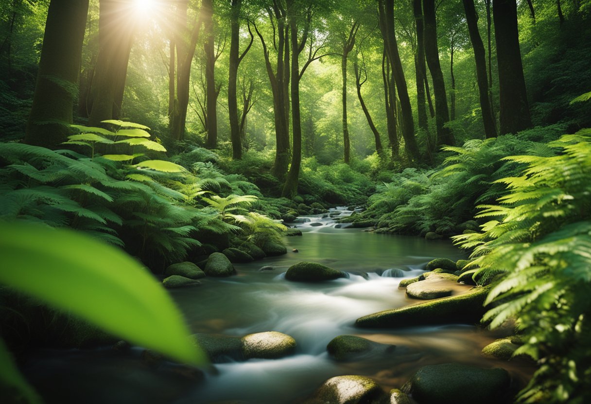 A lush green forest with sunlight filtering through the canopy, showcasing vibrant plant life and a flowing river