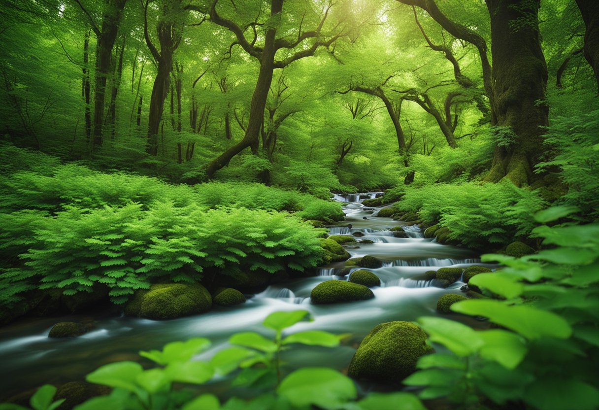 A lush green forest with vibrant, healthy-looking trees and plants, with a clear stream running through it, symbolizing the benefits of Phloe for bowel health