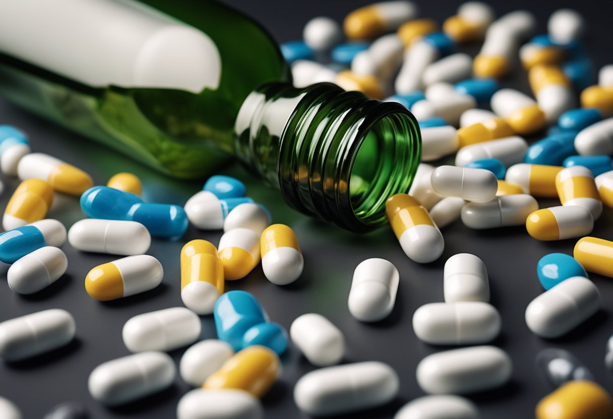 A bottle of Phloe phloe surrounded by scattered pills and a worried expression on a faceless figure