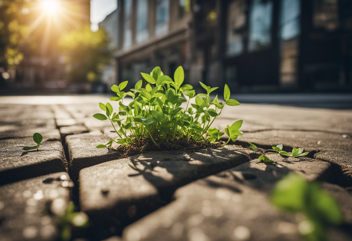 A vibrant green plant sprouts from a cracked sidewalk, surrounded by wilted weeds. Sunlight filters through the leaves, casting dappled shadows on the ground