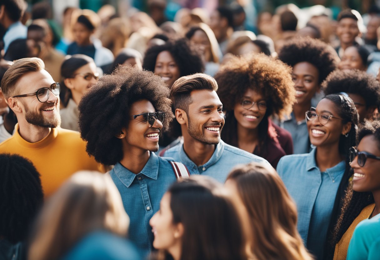 A colorful array of diverse individuals interacting in a vibrant and inclusive environment