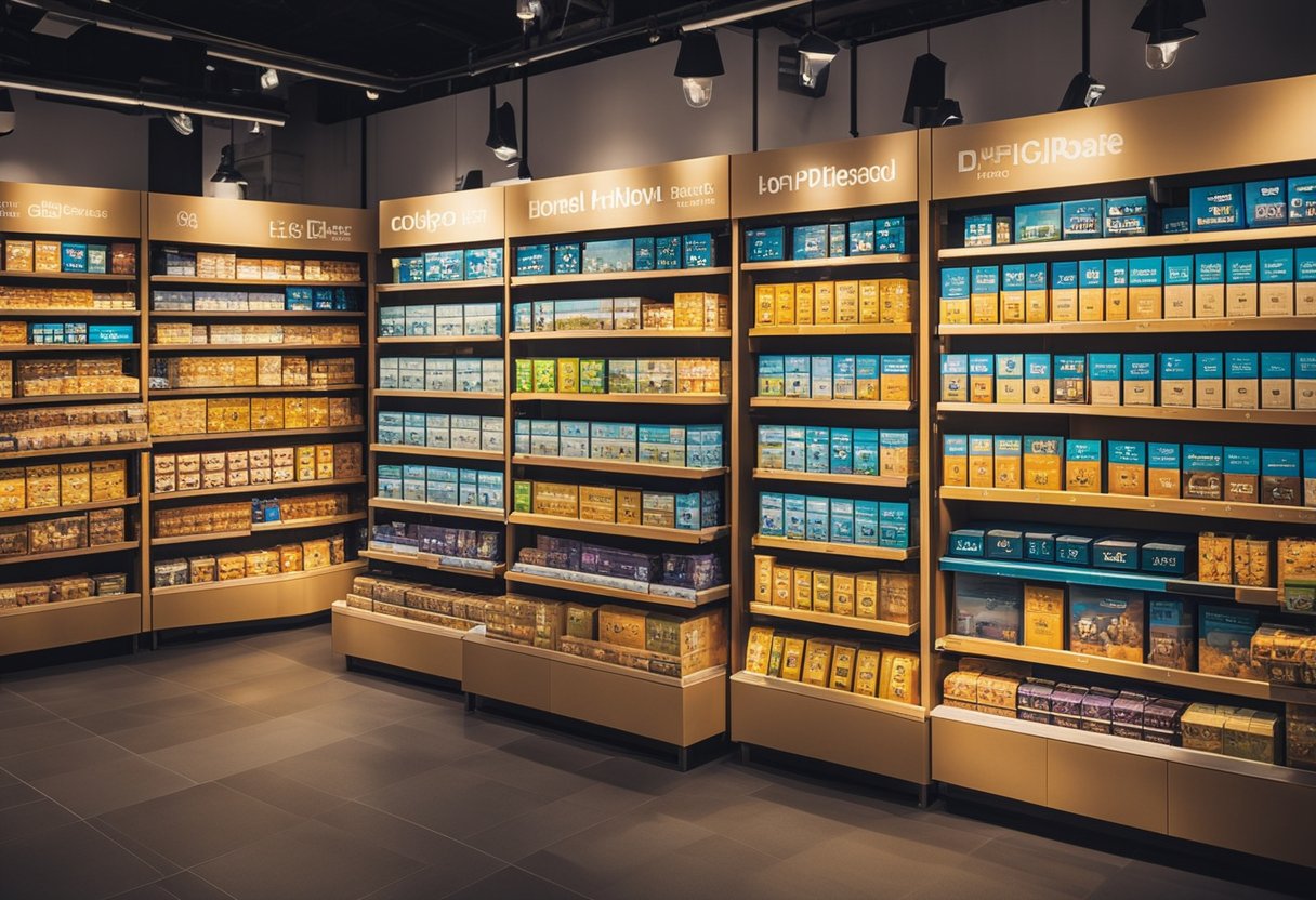 A colorful display of Phloe product boxes arranged on shelves in a well-lit store