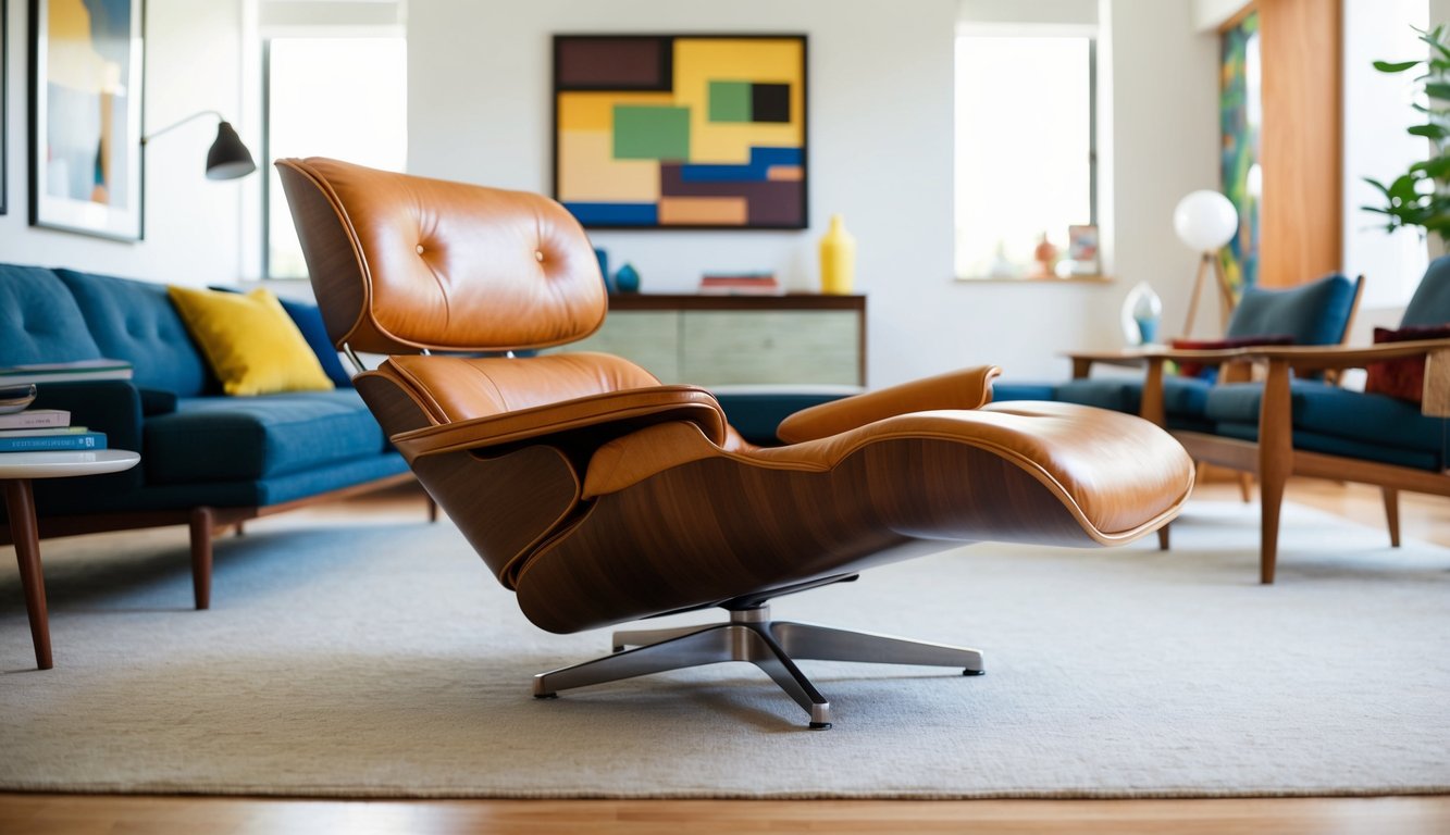 Un fauteuil lounge élégant en contreplaqué moulé et cuir se trouve dans un salon moderne et lumineux, entouré de meubles et d'art du milieu du siècle.