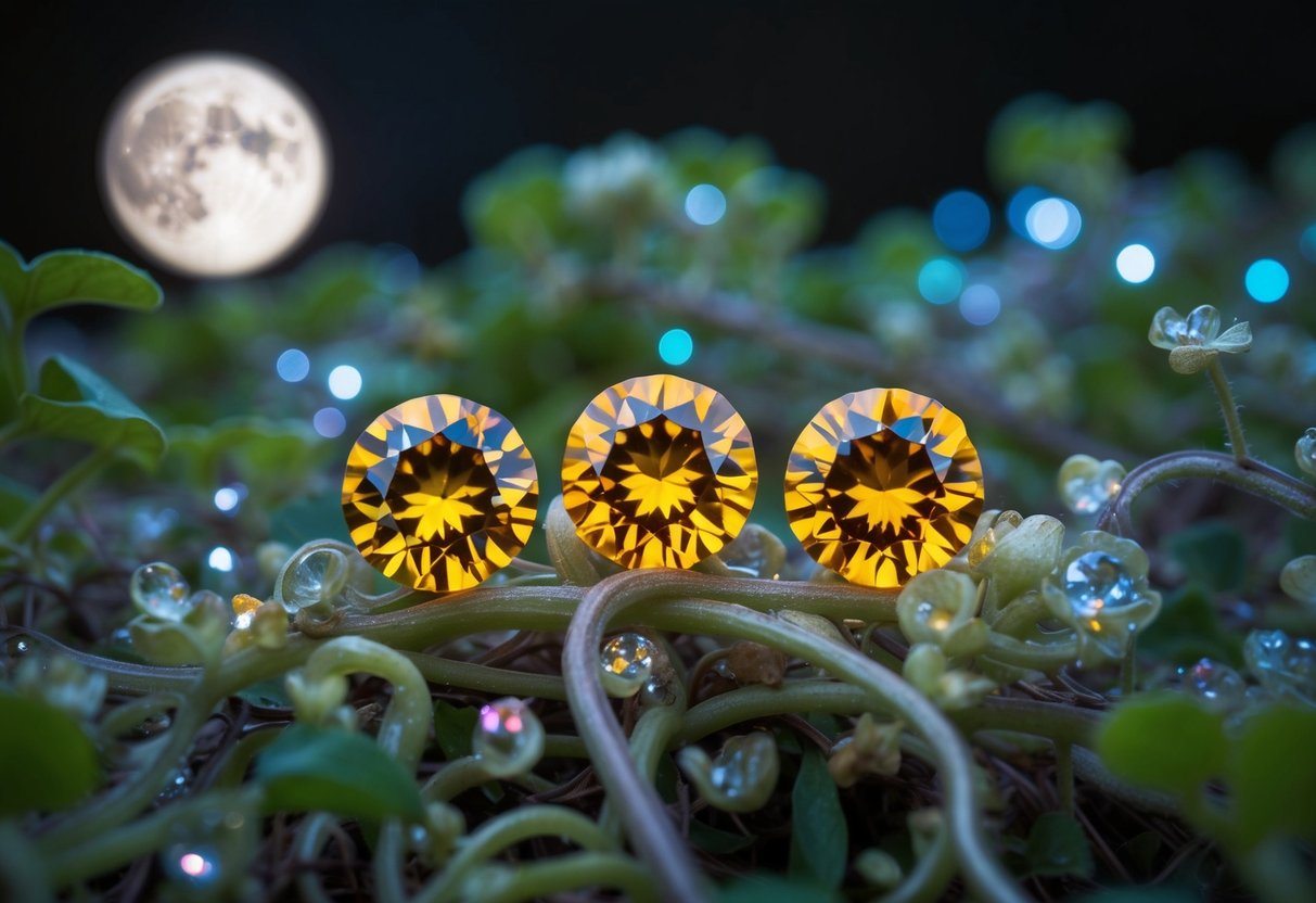 A trio of glowing gems nestled in a bed of delicate, swirling vines and shimmering moonlight