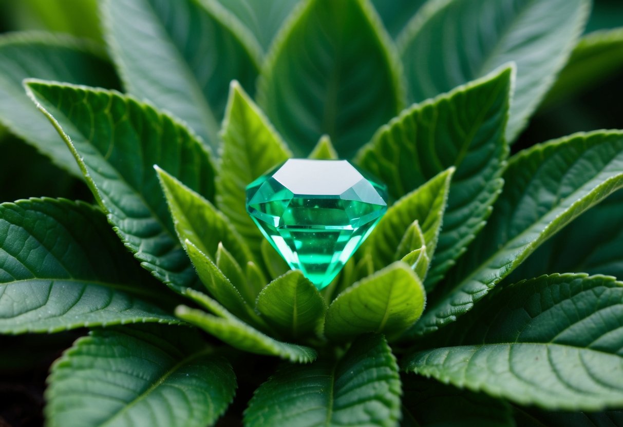 A serene emerald nestled in a bed of lush green leaves, emanating a soothing and healing energy