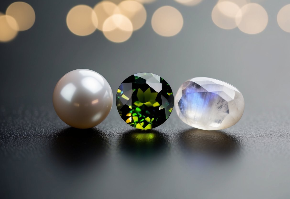 A glistening pearl, color-changing alexandrite, and ethereal moonstone arranged in a powerful trio