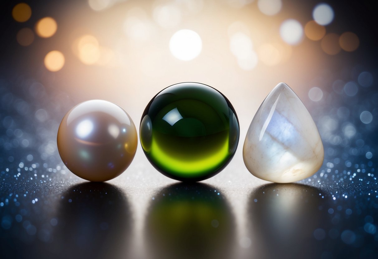 A glowing pearl, a shimmering alexandrite, and a milky moonstone arranged in a celestial formation, radiating an otherworldly energy