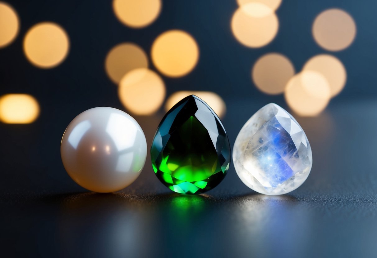 A glowing pearl, shimmering alexandrite, and ethereal moonstone arranged in a celestial trio, radiating power and significance