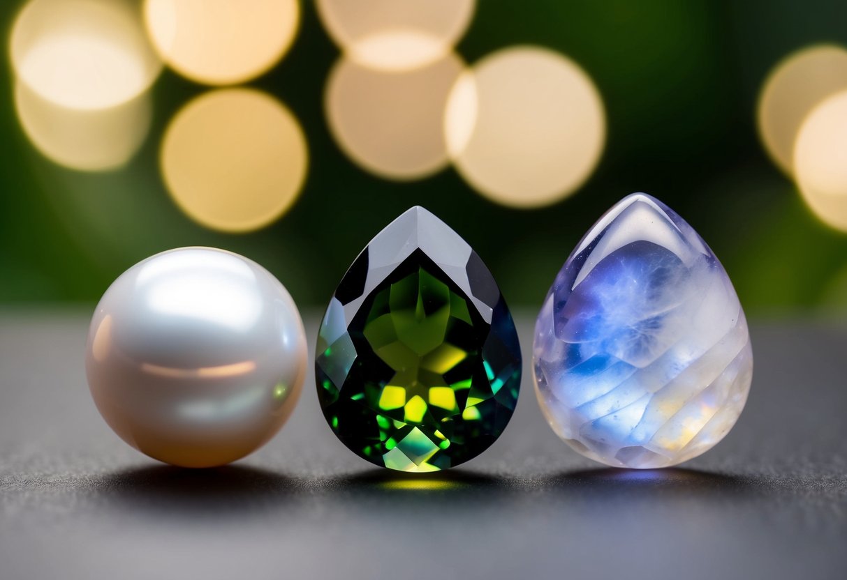 A glowing pearl, color-changing alexandrite, and shimmering moonstone arranged in a trio, symbolizing the power and beauty of June birthstones