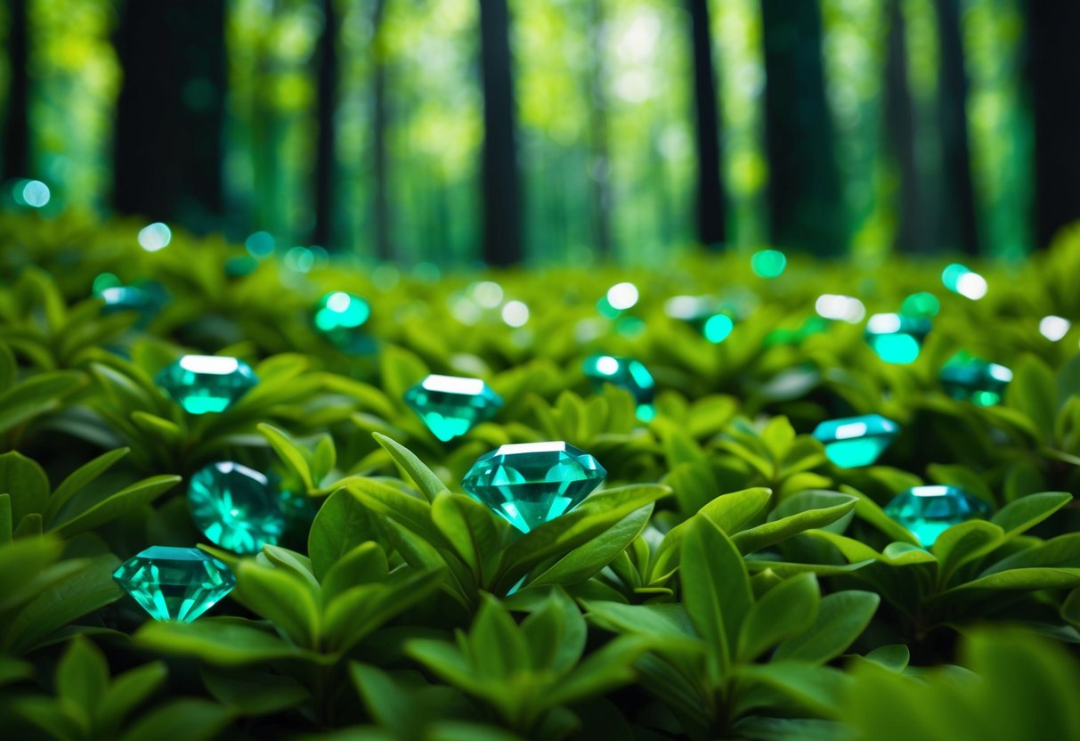 A lush green forest with emerald gemstones scattered among the foliage, emitting a soothing and healing energy